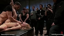 Bound arms above head blonde slave on knees Lea Lexis gets hard whipped then pinned on back anal fucked by big cock Ramon Nomar in public